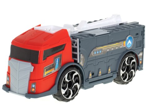 TIR laweta ciężarówka samochód transporter naczepa 2w1 parking resoraki straż pożarna 2 auta czerwone TIR laweta ciężarówka samochód transporter naczepa 2w1 parking resoraki straż pożarna 2 auta czerwone