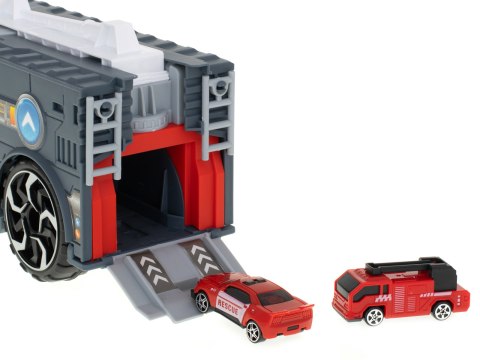 TIR laweta ciężarówka samochód transporter naczepa 2w1 parking resoraki straż pożarna 2 auta czerwone TIR laweta ciężarówka samochód transporter naczepa 2w1 parking resoraki straż pożarna 2 auta czerwone