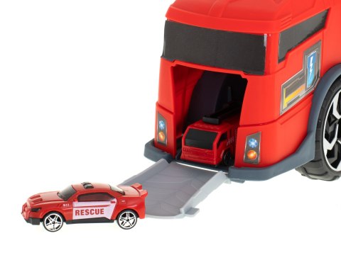 TIR laweta ciężarówka samochód transporter naczepa 2w1 parking resoraki straż pożarna 2 auta czerwone TIR laweta ciężarówka samochód transporter naczepa 2w1 parking resoraki straż pożarna 2 auta czerwone