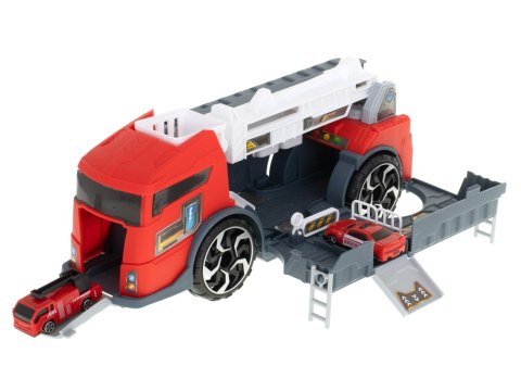 TIR laweta ciężarówka samochód transporter naczepa 2w1 parking resoraki straż pożarna 2 auta czerwone TIR laweta ciężarówka samochód transporter naczepa 2w1 parking resoraki straż pożarna 2 auta czerwone