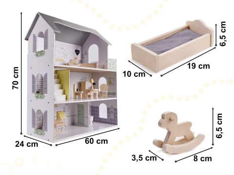 Domek dla lalek drewniany mebelki 70cm szary Domek dla lalek drewniany mebelki 70cm szary