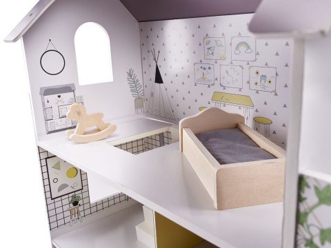 Domek dla lalek drewniany mebelki 70cm szary Domek dla lalek drewniany mebelki 70cm szary