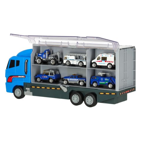 Transporter ciężarówka TIR wyrzutnia + metalowe auta policja Transporter ciężarówka TIR wyrzutnia + metalowe auta policja