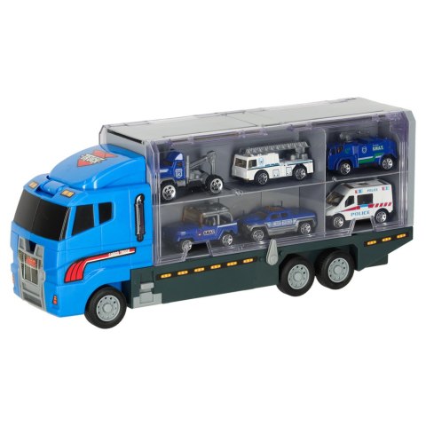 Transporter ciężarówka TIR wyrzutnia + metalowe auta policja Transporter ciężarówka TIR wyrzutnia + metalowe auta policja