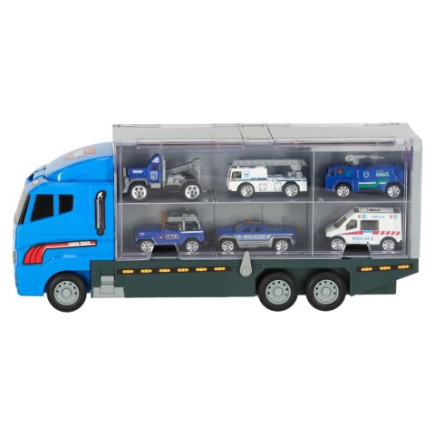 Transporter ciężarówka TIR wyrzutnia + metalowe auta policja Transporter ciężarówka TIR wyrzutnia + metalowe auta policja