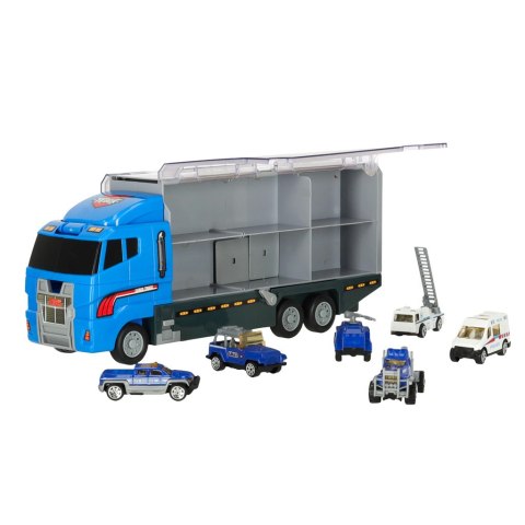 Transporter ciężarówka TIR wyrzutnia + metalowe auta policja Transporter ciężarówka TIR wyrzutnia + metalowe auta policja