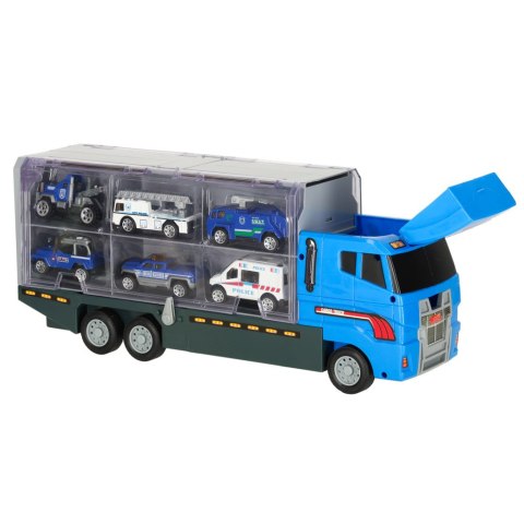 Transporter ciężarówka TIR wyrzutnia + metalowe auta policja Transporter ciężarówka TIR wyrzutnia + metalowe auta policja