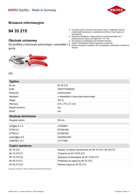 OBCINAK UCIOSOWY DO PROFILI Z TWORZYWA SZTUCZNEGO 215MM OBCINAK UCIOSOWY DO PROFILI Z TWORZYWA SZTUCZNEGO 215MM