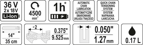 PILARKA ŁAŃCUCHOWA 14'',36V BEZ AKUMULATORA PILARKA ŁAŃCUCHOWA 14'',36V BEZ AKUMULATORA