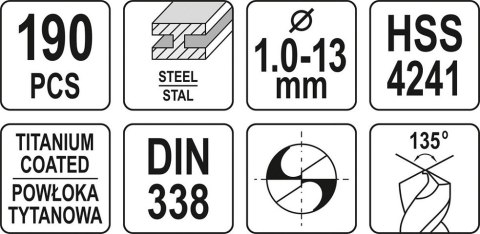 ZESTAW WIERTEŁ DO METALU 190SZT 1-13MM ZESTAW WIERTEŁ DO METALU 190SZT 1-13MM