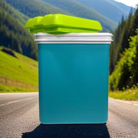 Lodówka turystyczna 15L KAMAI EDA na wkłady mrożące, turkusowa z białą rączką i zieloną pokrywą, pojemność Lodówka turystyczna 15L KAMAI EDA na wkłady mrożące, turkusowa z białą rączką i zieloną pokrywą, pojemność