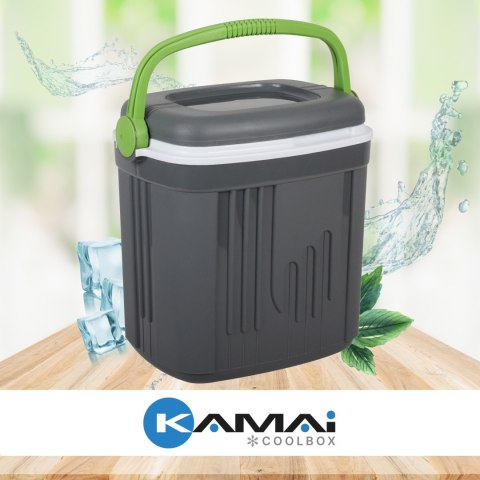 Lodówka turystyczna 20L KAMAI ICEBERG na wkłady mrożące, ciemno-szara z zieloną rączką Lodówka turystyczna 20L KAMAI ICEBERG na wkłady mrożące, ciemno-szara z zieloną rączką