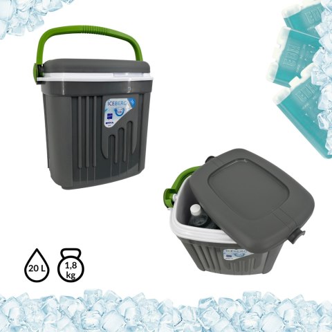 Lodówka turystyczna 20L KAMAI ICEBERG na wkłady mrożące, ciemno-szara z zieloną rączką Lodówka turystyczna 20L KAMAI ICEBERG na wkłady mrożące, ciemno-szara z zieloną rączką