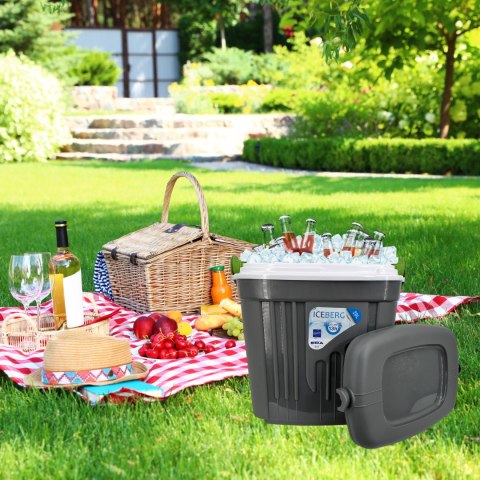 Lodówka turystyczna 20L KAMAI ICEBERG na wkłady mrożące, ciemno-szara z zieloną rączką Lodówka turystyczna 20L KAMAI ICEBERG na wkłady mrożące, ciemno-szara z zieloną rączką