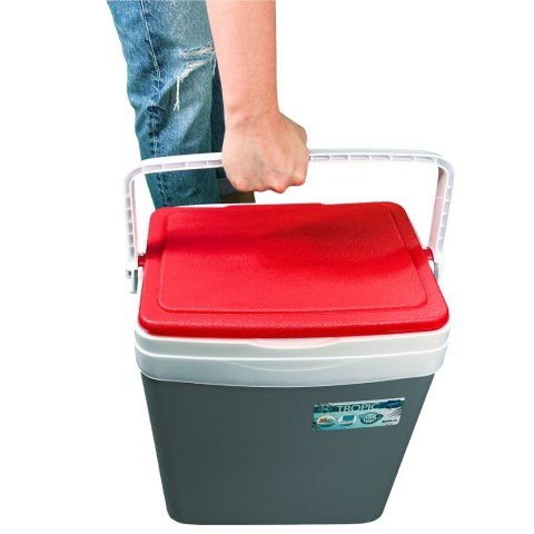 Lodówka turystyczna 25L KAMAI TROPIC na wkłady mrożące, szara z czerwoną pokrywą i białą rączką Lodówka turystyczna 25L KAMAI TROPIC na wkłady mrożące, szara z czerwoną pokrywą i białą rączką