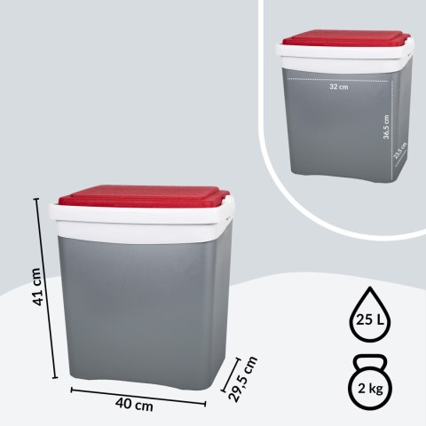 Lodówka turystyczna 25L KAMAI TROPIC na wkłady mrożące, szara z czerwoną pokrywą i białą rączką Lodówka turystyczna 25L KAMAI TROPIC na wkłady mrożące, szara z czerwoną pokrywą i białą rączką