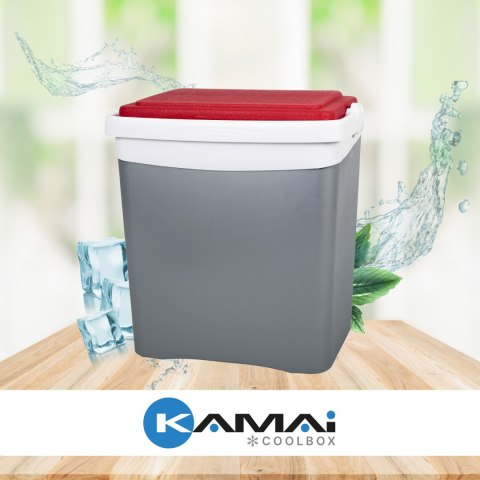 Lodówka turystyczna 25L KAMAI TROPIC na wkłady mrożące, szara z czerwoną pokrywą i białą rączką Lodówka turystyczna 25L KAMAI TROPIC na wkłady mrożące, szara z czerwoną pokrywą i białą rączką