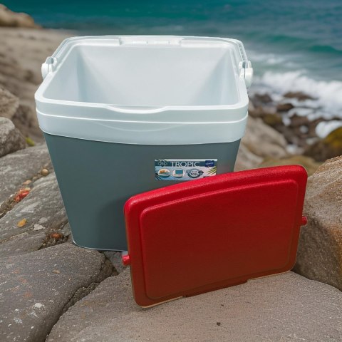 Lodówka turystyczna 25L KAMAI TROPIC na wkłady mrożące, szara z czerwoną pokrywą i białą rączką Lodówka turystyczna 25L KAMAI TROPIC na wkłady mrożące, szara z czerwoną pokrywą i białą rączką