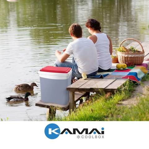 Lodówka turystyczna 25L KAMAI TROPIC na wkłady mrożące, szara z czerwoną pokrywą i białą rączką Lodówka turystyczna 25L KAMAI TROPIC na wkłady mrożące, szara z czerwoną pokrywą i białą rączką
