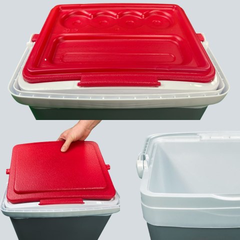 Lodówka turystyczna 25L KAMAI TROPIC na wkłady mrożące, szara z czerwoną pokrywą i białą rączką Lodówka turystyczna 25L KAMAI TROPIC na wkłady mrożące, szara z czerwoną pokrywą i białą rączką