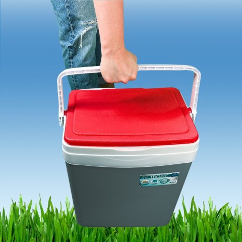 Lodówka turystyczna 25L KAMAI TROPIC na wkłady mrożące, szara z czerwoną pokrywą i białą rączką Lodówka turystyczna 25L KAMAI TROPIC na wkłady mrożące, szara z czerwoną pokrywą i białą rączką