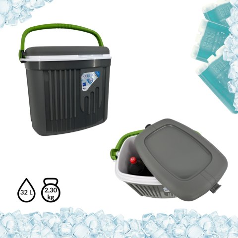 Lodówka turystyczna 32L KAMAI ICEBERG na wkłady mrożące, ciemno-szara z zieloną rączką Lodówka turystyczna 32L KAMAI ICEBERG na wkłady mrożące, ciemno-szara z zieloną rączką