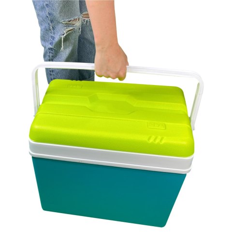 Lodówka turystyczna 35L KAMAI EDA na wkłady mrożące, turkusowa z białą rączką i zieloną pokrywą Lodówka turystyczna 35L KAMAI EDA na wkłady mrożące, turkusowa z białą rączką i zieloną pokrywą