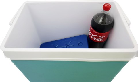 Lodówka turystyczna 35L KAMAI EDA na wkłady mrożące, turkusowa z białą rączką i zieloną pokrywą Lodówka turystyczna 35L KAMAI EDA na wkłady mrożące, turkusowa z białą rączką i zieloną pokrywą