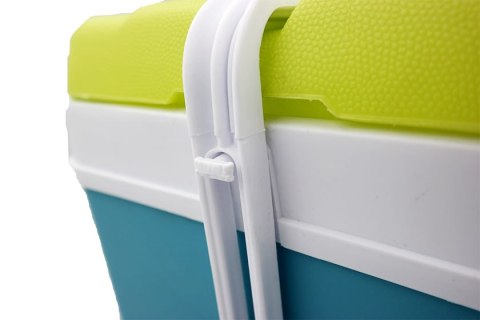 Lodówka turystyczna 35L KAMAI EDA na wkłady mrożące, turkusowa z białą rączką i zieloną pokrywą Lodówka turystyczna 35L KAMAI EDA na wkłady mrożące, turkusowa z białą rączką i zieloną pokrywą