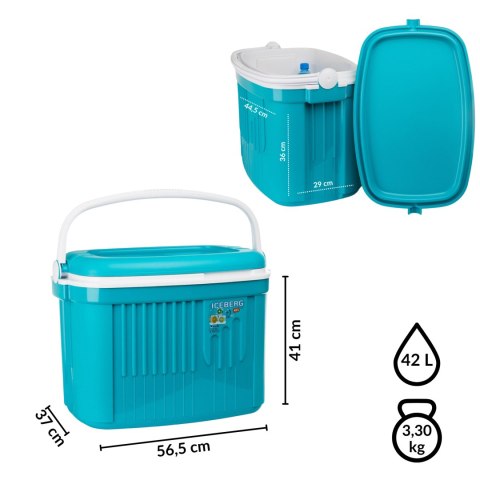 Lodówka turystyczna 42L KAMAI ICEBERG na wkłady mrożące, turkusowa z białą rączką Lodówka turystyczna 42L KAMAI ICEBERG na wkłady mrożące, turkusowa z białą rączką