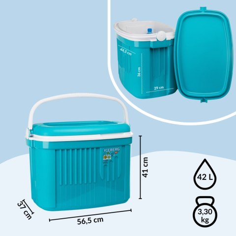 Lodówka turystyczna 42L KAMAI ICEBERG na wkłady mrożące, turkusowa z białą rączką Lodówka turystyczna 42L KAMAI ICEBERG na wkłady mrożące, turkusowa z białą rączką