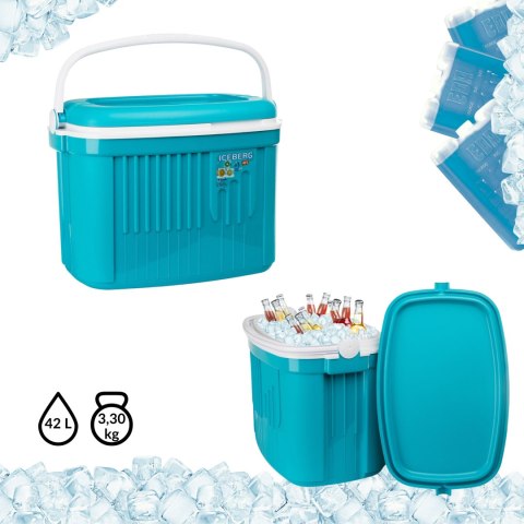 Lodówka turystyczna 42L KAMAI ICEBERG na wkłady mrożące, turkusowa z białą rączką Lodówka turystyczna 42L KAMAI ICEBERG na wkłady mrożące, turkusowa z białą rączką