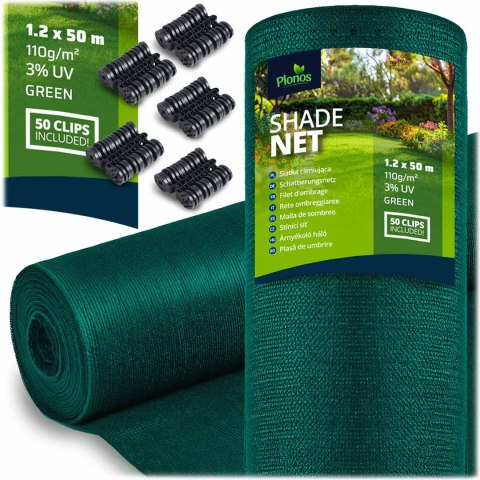 Siatka cieniująca 1,2x50m 110g/m2 + 50 zacisków zielona