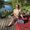 Mini lodówka turystyczna 5L KAMAI EDA wzór kwiat wiśni, lunchox na wkłady mrożące - waniliowy korpus, czerwona rączka, błękitna