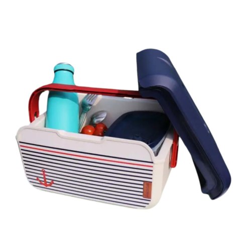 Mini lodówka turystyczna 5L KAMAI EDA wzór marynarski, lunchox na wkłady mrożące - waniliowy korpus, czerwona rączka, błękitna Mini lodówka turystyczna 5L KAMAI EDA wzór marynarski, lunchox na wkłady mrożące - waniliowy korpus, czerwona rączka, błękitna