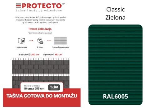 Taśma ogrodzeniowa PASKI 6 x 2,55mb CLASSIC 19cm PROTECTO™ ZIELONA + 12 klipsów GRATIS Taśma ogrodzeniowa PASKI 6 x 2,55mb CLASSIC 19cm PROTECTO™ ZIELONA + 12 klipsów GRATIS