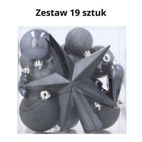 Komplet 19 Bombek Choinkowych Kamai Christmas Decoration® - Kolor Antracyt z Gwiazdą na Czubek Komplet 19 Bombek Choinkowych Kamai Christmas Decoration® - Kolor Antracyt z Gwiazdą na Czubek