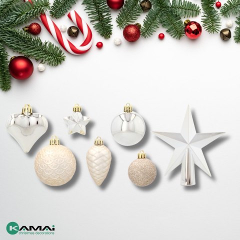 Komplet 19 Bombek Choinkowych Kamai Christmas Decoration® - Kolor Szampański z Gwiazdą na Czubek Komplet 19 Bombek Choinkowych Kamai Christmas Decoration® - Kolor Szampański z Gwiazdą na Czubek
