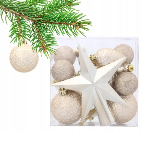 Komplet 19 Bombek Choinkowych Kamai Christmas Decoration® - Kolor Szampański z Gwiazdą na Czubek Komplet 19 Bombek Choinkowych Kamai Christmas Decoration® - Kolor Szampański z Gwiazdą na Czubek