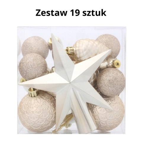 Komplet 19 Bombek Choinkowych Kamai Christmas Decoration® - Kolor Szampański z Gwiazdą na Czubek Komplet 19 Bombek Choinkowych Kamai Christmas Decoration® - Kolor Szampański z Gwiazdą na Czubek