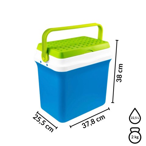 Lodówka turystyczna 22,5L KAMAI FIESTA na wkłady mrożące, błękitna z zieloną pokrywą i uchwytem Lodówka turystyczna 22,5L KAMAI FIESTA na wkłady mrożące, błękitna z zieloną pokrywą i uchwytem