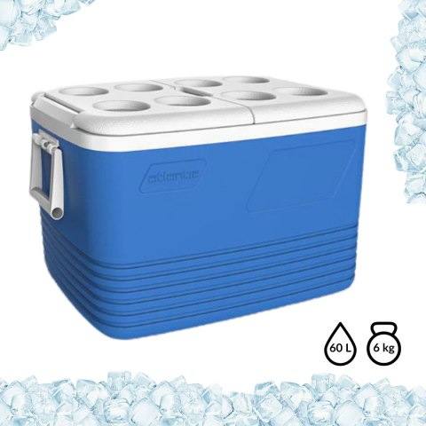 Lodówka turystyczna 60L Kamai Coolbox na wkłady mrożące, niebieska z miejscem na butelki na pokrywie Lodówka turystyczna 60L Kamai Coolbox na wkłady mrożące, niebieska z miejscem na butelki na pokrywie