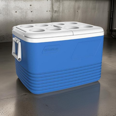 Lodówka turystyczna 60L Kamai Coolbox na wkłady mrożące, niebieska z miejscem na butelki na pokrywie Lodówka turystyczna 60L Kamai Coolbox na wkłady mrożące, niebieska z miejscem na butelki na pokrywie