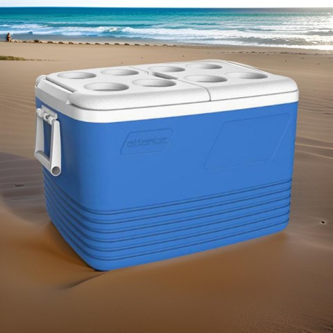 Lodówka turystyczna 60L Kamai Coolbox na wkłady mrożące, niebieska z miejscem na butelki na pokrywie Lodówka turystyczna 60L Kamai Coolbox na wkłady mrożące, niebieska z miejscem na butelki na pokrywie