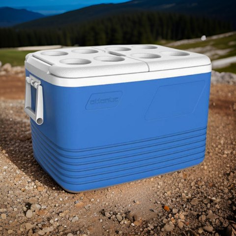 Lodówka turystyczna 60L Kamai Coolbox na wkłady mrożące, niebieska z miejscem na butelki na pokrywie Lodówka turystyczna 60L Kamai Coolbox na wkłady mrożące, niebieska z miejscem na butelki na pokrywie