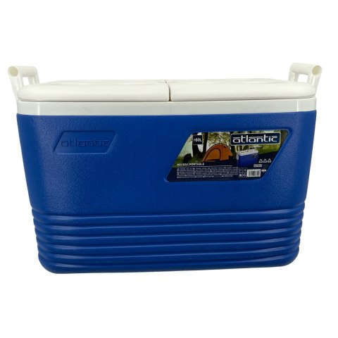 Lodówka turystyczna 60L Kamai Coolbox na wkłady mrożące, niebieska z miejscem na butelki na pokrywie Lodówka turystyczna 60L Kamai Coolbox na wkłady mrożące, niebieska z miejscem na butelki na pokrywie