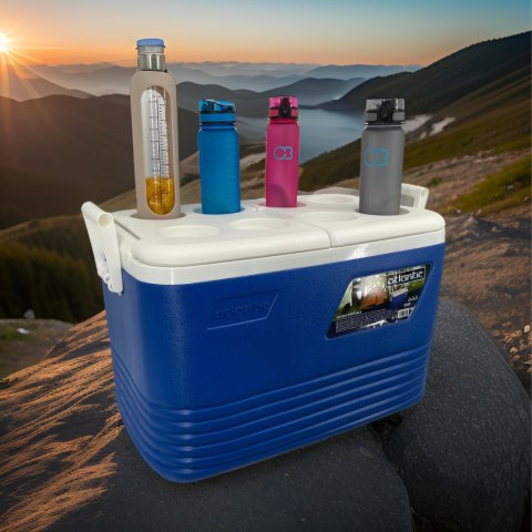 Lodówka turystyczna 60L Kamai Coolbox na wkłady mrożące, niebieska z miejscem na butelki na pokrywie Lodówka turystyczna 60L Kamai Coolbox na wkłady mrożące, niebieska z miejscem na butelki na pokrywie