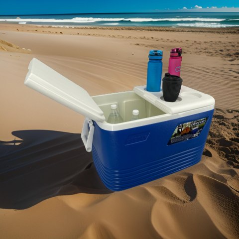 Lodówka turystyczna 60L Kamai Coolbox na wkłady mrożące, niebieska z miejscem na butelki na pokrywie Lodówka turystyczna 60L Kamai Coolbox na wkłady mrożące, niebieska z miejscem na butelki na pokrywie