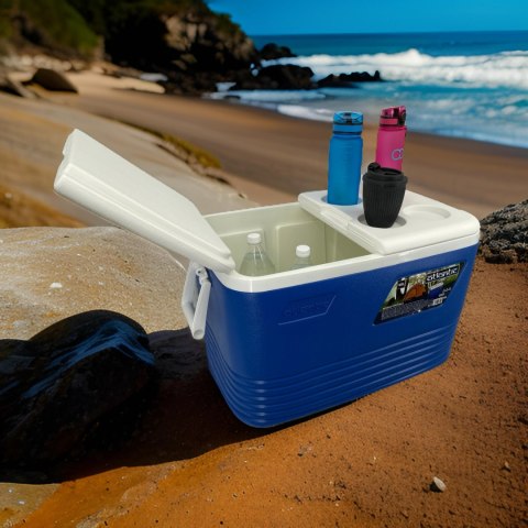 Lodówka turystyczna 60L Kamai Coolbox na wkłady mrożące, niebieska z miejscem na butelki na pokrywie Lodówka turystyczna 60L Kamai Coolbox na wkłady mrożące, niebieska z miejscem na butelki na pokrywie
