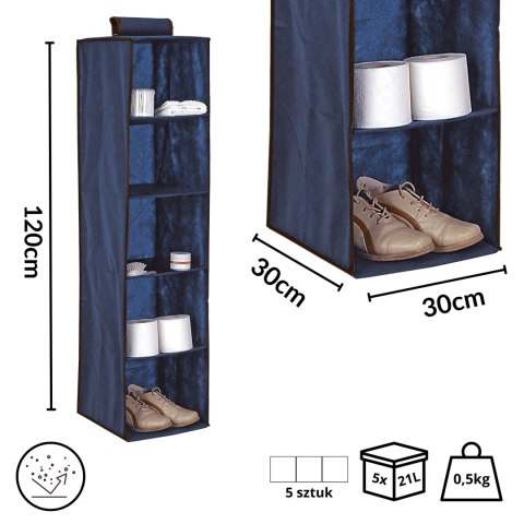 BLUE niebieski wiszący organizer do szafy 5 przegród 30X30X120cm BLUE niebieski wiszący organizer do szafy 5 przegród 30X30X120cm